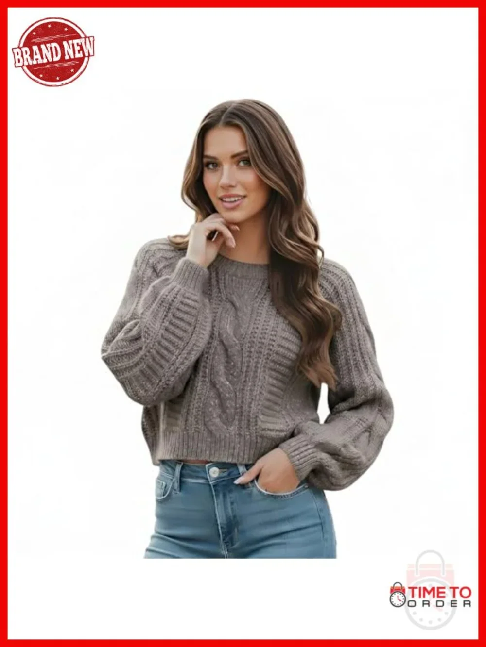 Cropped Cable Knit Sweater, Soft Long Sleeve Pullover, Casual Winter Top